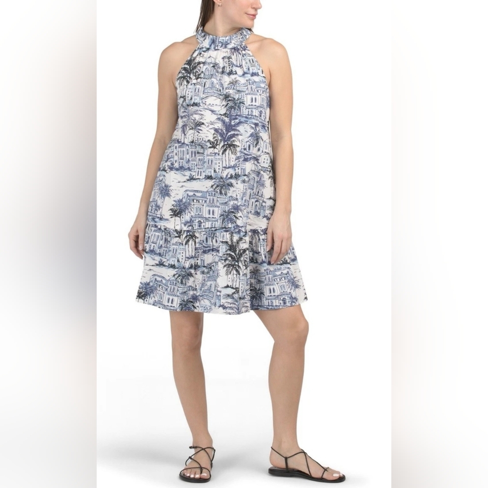 Calypso St Barth Halter Neck Blue and White Toile De Juoy Cotton Dress Size XS